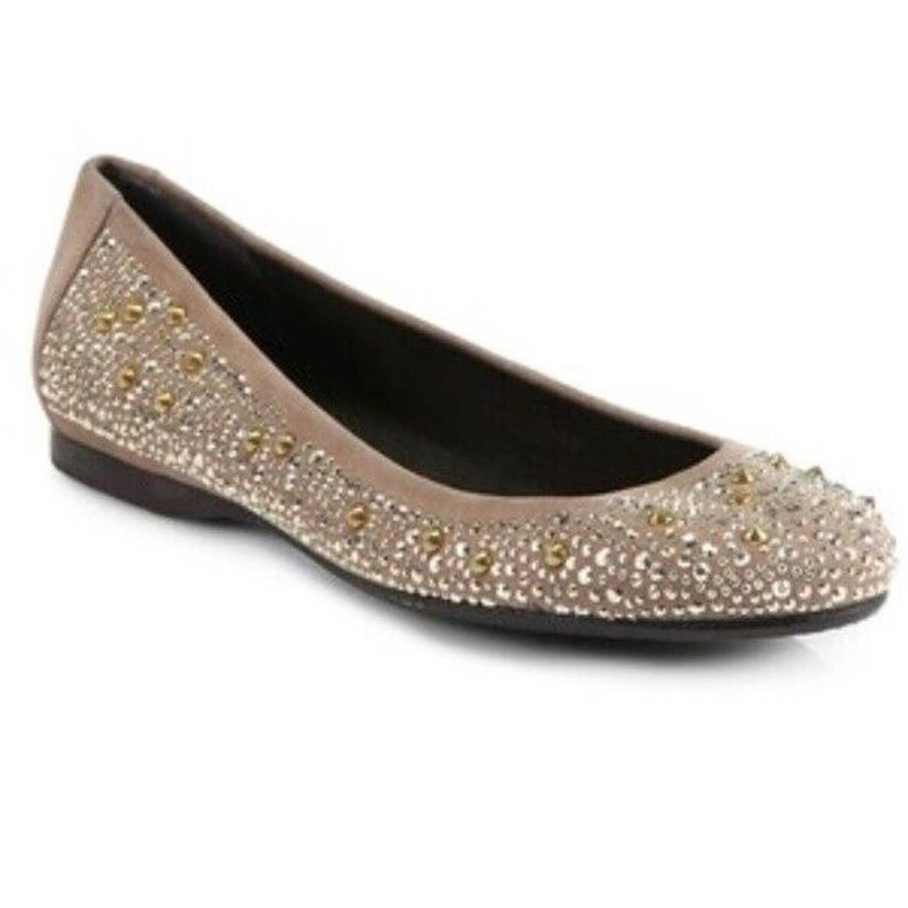 Stuart Weitzman Nubeads Haze Suede Studded Ballet Flat Shoe Spike Gold 7…